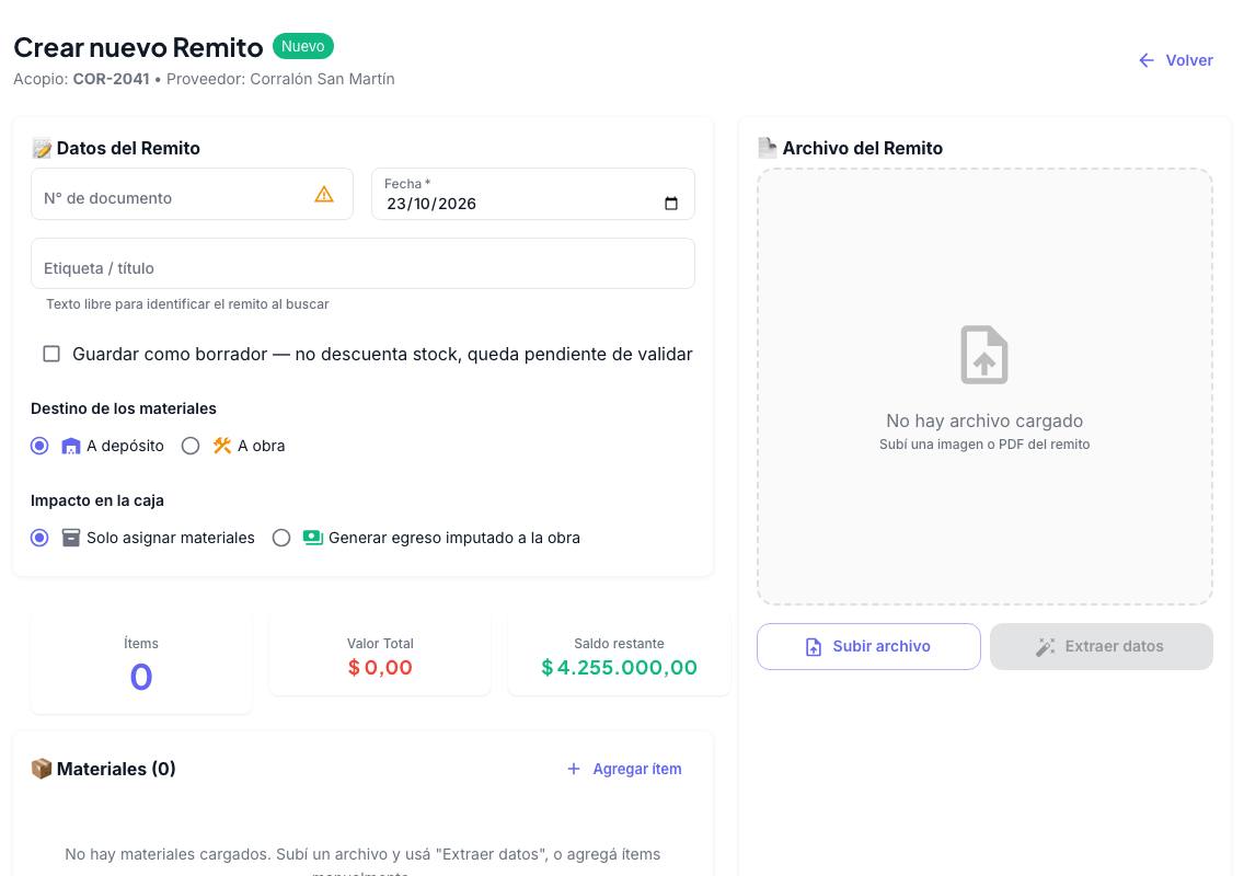 Pantalla Crear nuevo Remito con datos del remito, archivo, ítems, valor total y saldo restante