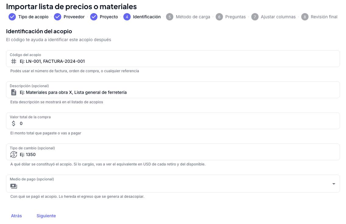 Paso Identificación del acopio con código, descripción, valor total, tipo de cambio y medio de pago