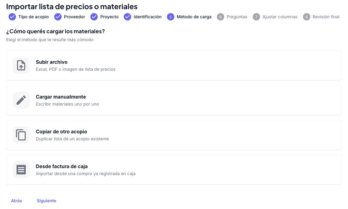 Cuatro formas de cargar: Subir archivo, Cargar manualmente, Copiar de otro acopio, Desde factura de caja
