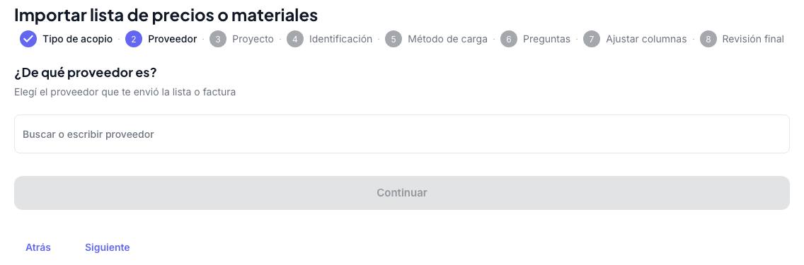 Paso Proveedor con el buscador Buscar o escribir proveedor