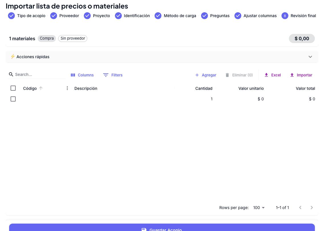 Revisión final: grilla con Código, Descripción, Cantidad, Valor unitario y Valor total, acciones rápidas y botón Guardar Acopio