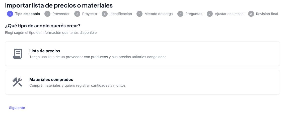 Primer paso del asistente: elegir entre Lista de precios y Materiales comprados