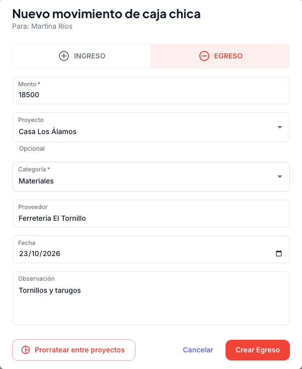 Panel en modo Egreso con monto 18500, proyecto Casa Los Álamos, categoría Materiales, proveedor Ferretería El Tornillo y el botón Prorratear entre proyectos