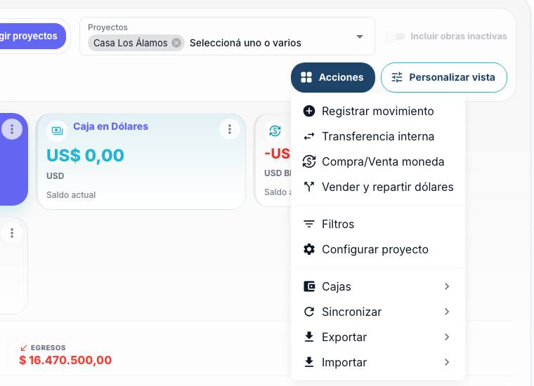 Menú Acciones de la caja con Registrar movimiento, Transferencia interna, Compra/Venta moneda y más
