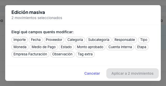 Diálogo Edición masiva con los campos Importe, Fecha, Proveedor, Categoría y otros