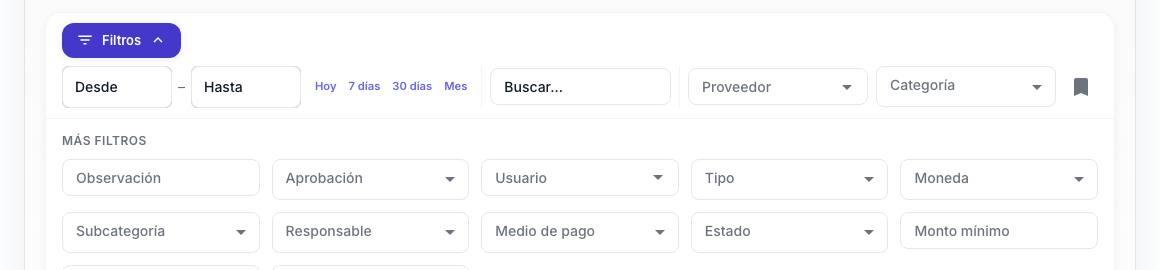 Barra de filtros abierta con Más filtros: Observación, Aprobación, Usuario, Tipo, Moneda y otros
