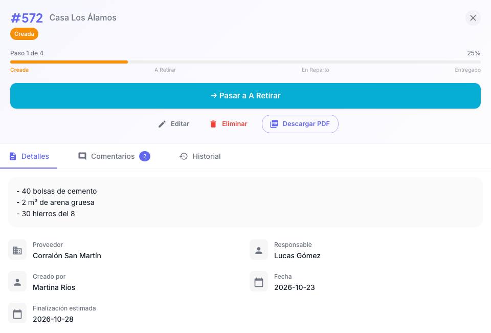 Nota 572 de Casa Los Álamos en estado Creada, paso 1 de 4, con el botón Pasar a A Retirar y la pestaña Detalles: descripción, proveedor, responsable, creador, fecha y finalización estimada