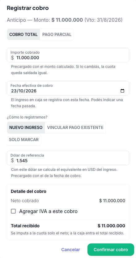 Diálogo Registrar cobro en modo Cobro total con Nuevo ingreso