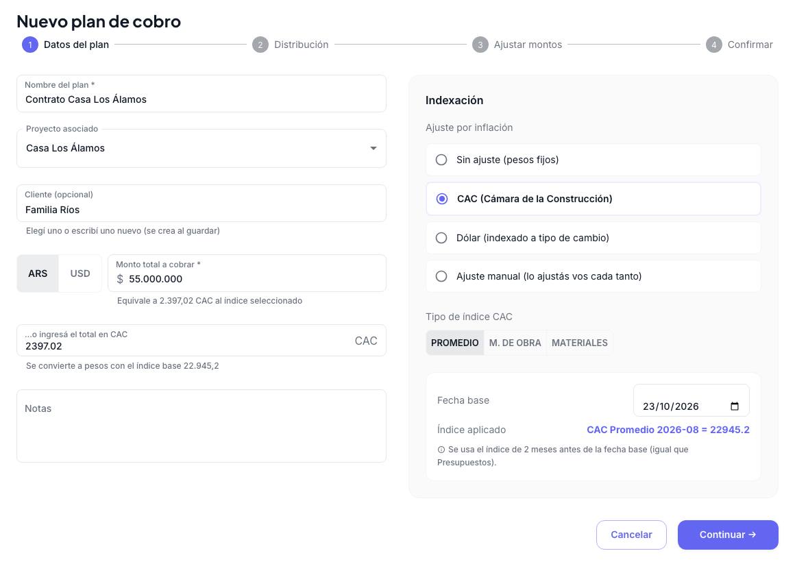 Paso Datos del plan con nombre, obra, cliente, monto total y la indexación por CAC Promedio