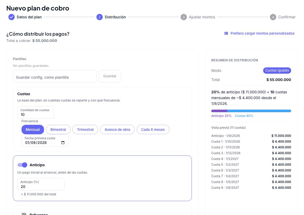 Paso Distribución con 10 cuotas mensuales, anticipo del 20 por ciento y el resumen de distribución