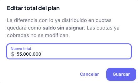 Diálogo Editar total del plan