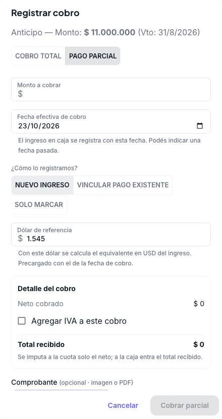 Diálogo Registrar cobro en modo Pago parcial