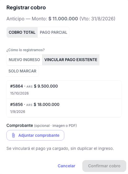 Diálogo Registrar cobro con Vincular pago existente y la lista de ingresos sin vincular