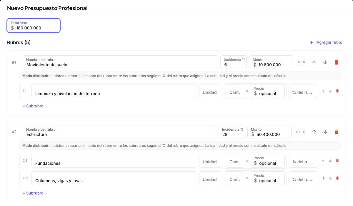 Modo distribuir con total neto de 180.000.000 y los rubros Movimiento de suelo al 6% y Estructura al 28% con sus montos calculados