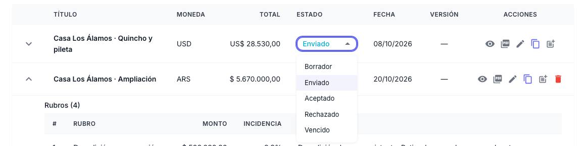 Menú de estado desplegado en la lista con las opciones Borrador, Enviado, Aceptado, Rechazado y Vencido