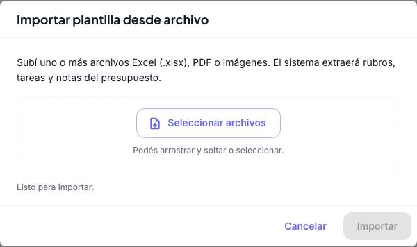 Diálogo Importar plantilla desde archivo con el botón Seleccionar archivos