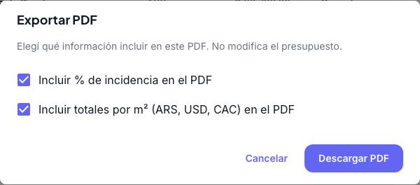 Diálogo Exportar PDF con las opciones Incluir % de incidencia e Incluir totales por m²