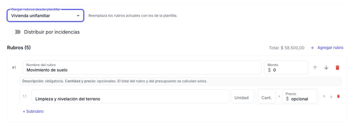 Formulario con la plantilla Vivienda unifamiliar elegida y sus cinco rubros cargados con monto en cero