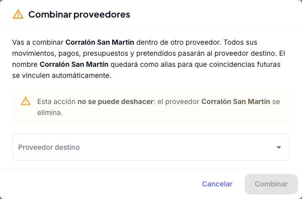Diálogo Combinar proveedores con el aviso de que la acción no se puede deshacer y el campo Proveedor destino