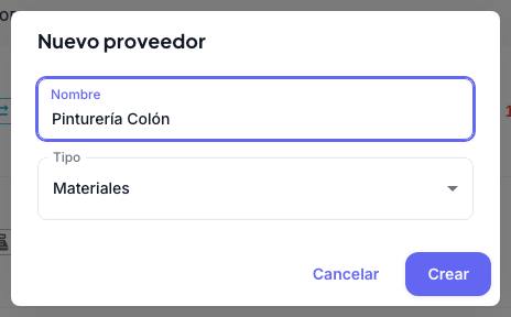 Diálogo Nuevo proveedor con el nombre Pinturería Colón y el tipo Materiales