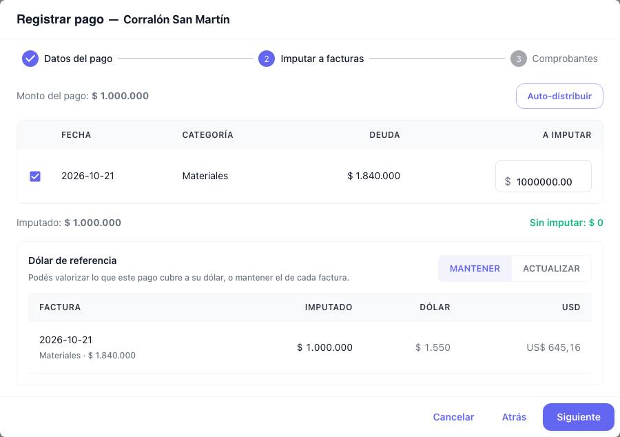 Paso Imputar a facturas: la factura del 21 de octubre recibe un millón de pesos y abajo el dólar de referencia