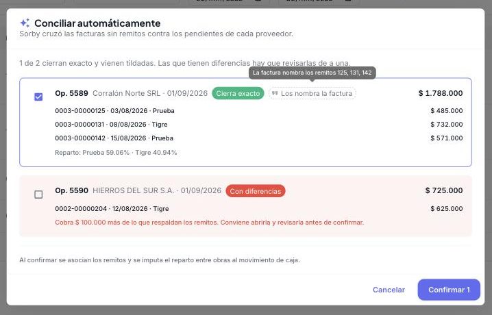 Diálogo de conciliación automática con la etiqueta Los nombra la factura