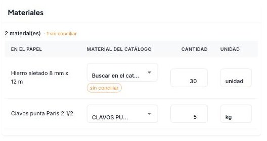 Panel de materiales de un remito con la columna En el papel y la del catálogo